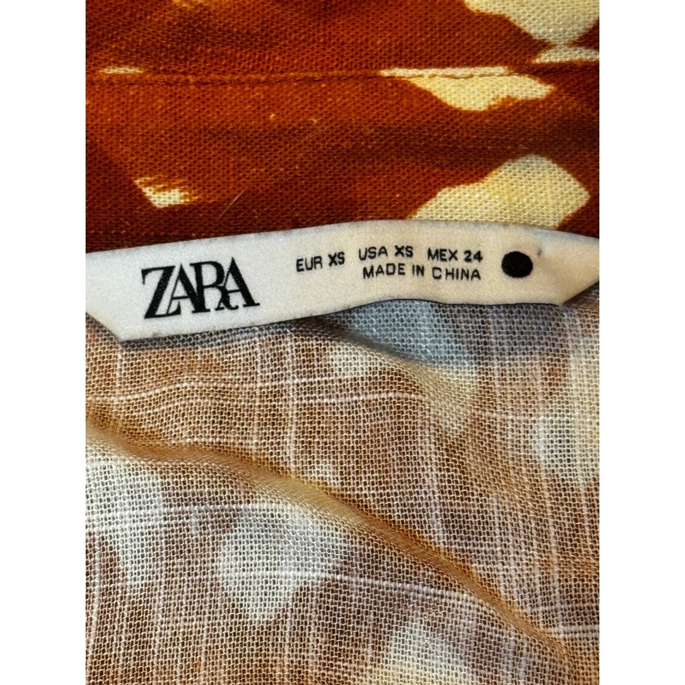Zara Orange Abstract Print Knot Front Cropped Linen Blend Blouse XS - Picture 7 of 8